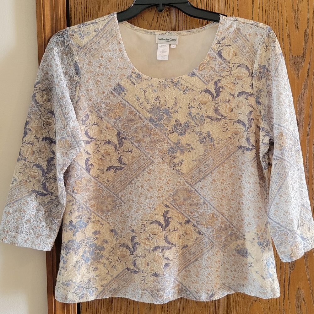 Coldwater Creek fully lined top with sheer 3/4" length sleeves blue/beige Size L
